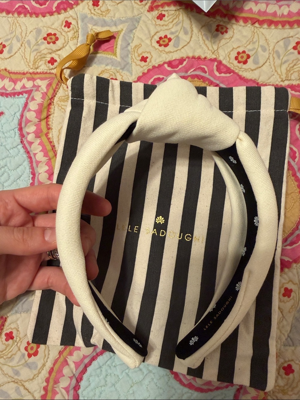 Lele Sadoughi Ivory Knotted Headband with Black Lining